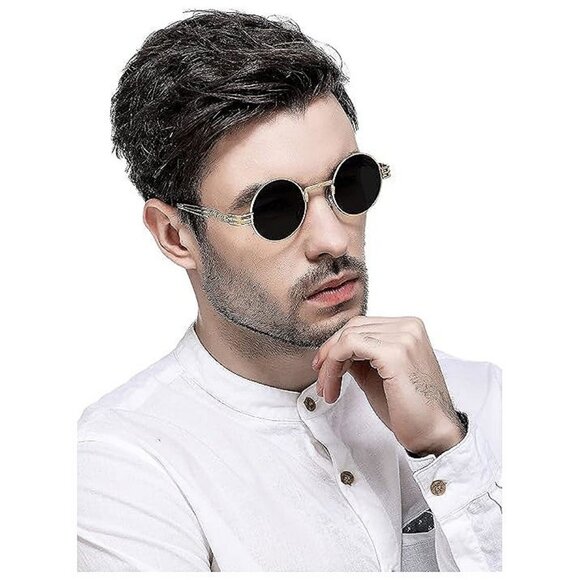 Round Steampunk Sunglasses 2 Pack (Gold/Grey + Gold/Brown) - Picture 3 of 7